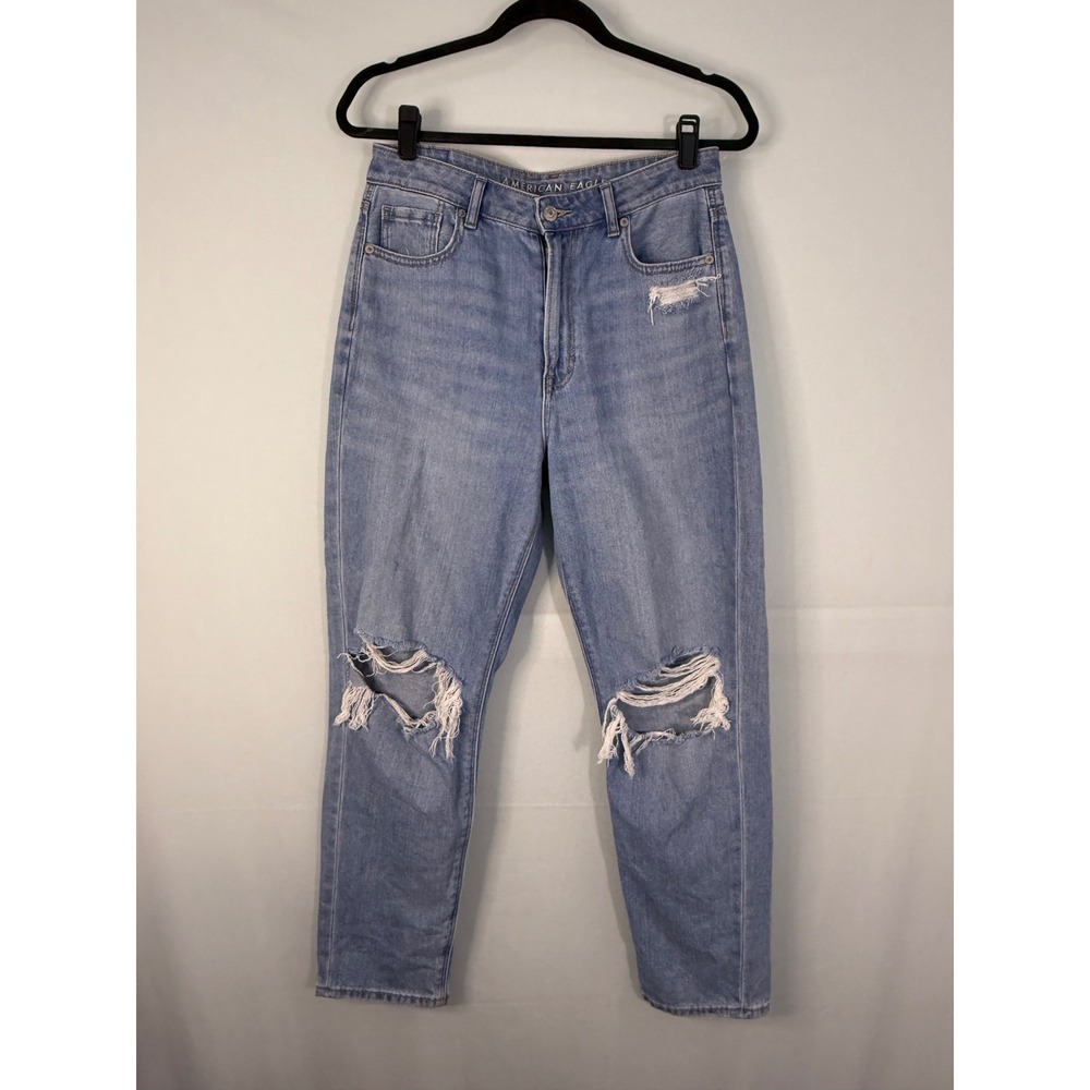 American Eagle Mom Jeans Womens Blue‎ Distressed High Rise Medium Wash Denim 10